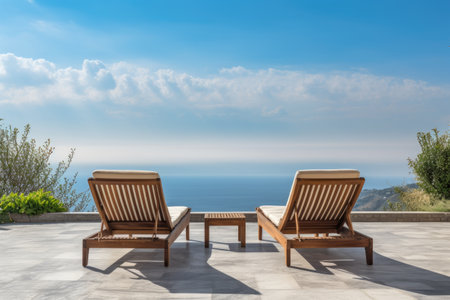 Wooden deck chairs on the terrace of luxury house with sea view, Empty wood chair and table at outdoor patio with beautiful tropical beach and sea, Ai Generatedの素材