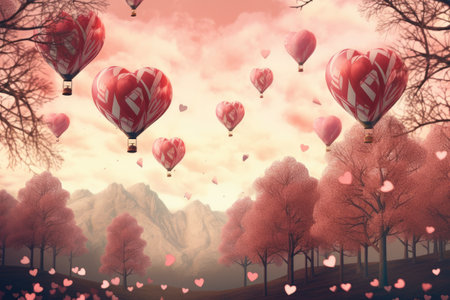 A group of hot air balloons flying over forest, Vintage style 3D illustration of Valentine's day background , Ai generatedの素材