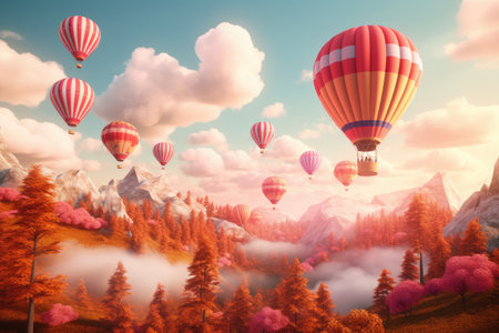 Colorful hot air balloons fly over the mountains, Vintage style 3D illustration of Valentine's day background , Ai generatedの素材