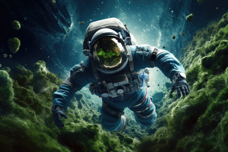 Astronaut in space blue and green earth atmosphere on the background, astronaut flying on space, Ai generatedの素材