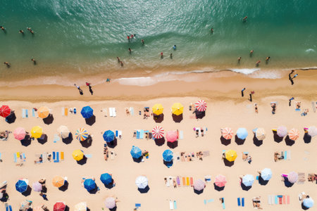 Aerial view of people relaxing on the beach Top view from drone Aerial view of people sunbathing on the beach in summer --ar 3:2 --v 5.2 Job ID: 1b9125cf-c30e-424a-ba50-8591ca13f584の素材