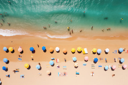 Aerial view of people relaxing on the beach Top view from drone Aerial view of people sunbathing on the beach in summer --ar 3:2 --v 5.2 Job ID: 1b9125cf-c30e-424a-ba50-8591ca13f584の素材