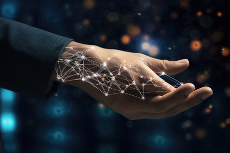 Close up of businessman hand holding flying network hologram on dark background, learning hands of a robot and a human touching on a big data network connection, Ai generatedの素材