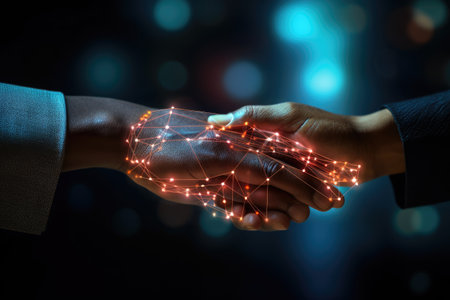 Close up of businessman hand holding connection lines on dark bokeh background AI machine learning hands of a robot and a human touching on a big data network connection, Ai generatedの素材