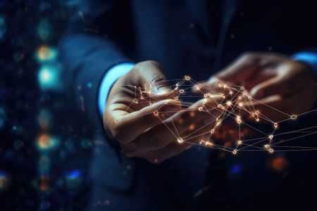 Close up of businessman hand holding connection lines on dark bokeh background AI machine learning hands of a robot and a human touching on a big data network connection, Ai generatedの素材