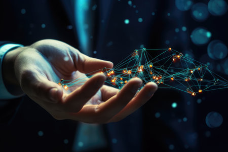Close up of businessman hand holding flying network hologram on dark background, learning hands of a robot and a human touching on a big data network connection, Ai generatedの素材
