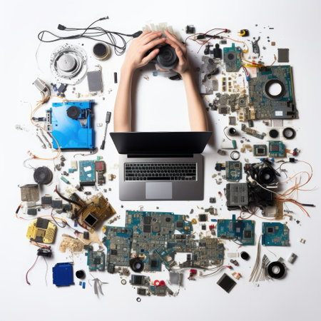 Disassembled electronic devices in the hands of a woman on a white background Aerial view of hands with computer electronics parts on a white background --v 5.2 Job ID: bd2430c4-835e-4a83-8ed6-9880918e2addの素材
