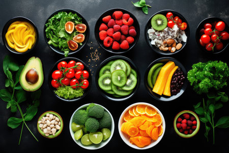 Healthy food in bowls over black background Top view flat lay, Traditional Thai food on dark background. Oriental food concept, Ai generatedの素材