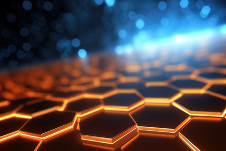 Hexagon background with glowing lines 3D Rendering Abstract hexagonal geometric ultrawide backgroundの素材