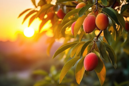 mango on the tree in the garden at sunset A branch with natural mango against a blurred background, Ai generatedの素材