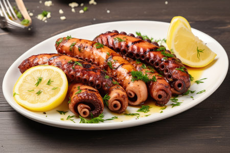 Grilled octopus with lemon and parsley on a white plate Appetizing dish with grilled octopus and lemon --ar 3:2 --v 5.2 Job ID: b528a867-d182-498b-a60e-4a35ae0faf9eの素材