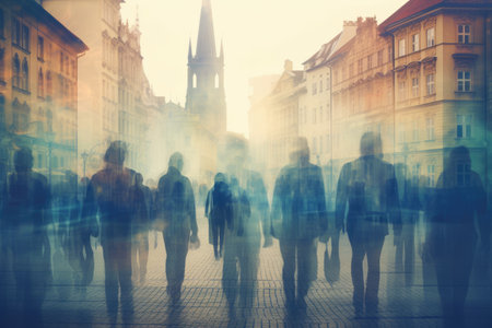 People walking in the street in Prague Czech Republic Double exposure An anonymous crowd of people walking on a city streetの素材