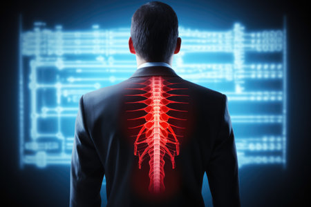 Rear view of businessman looking at xray image on abstract background Back pain highlighted in an office setting with a red holographic spine, Ai generatedの素材