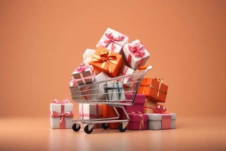 Shopping cart overflowing with wrapped gift boxes with one color background, Ai generatedの素材