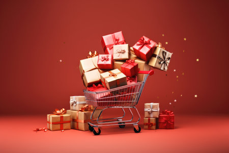 Festive Shopping Cart Overflowing with Gift Boxes, with one color background, Ai generatedの素材