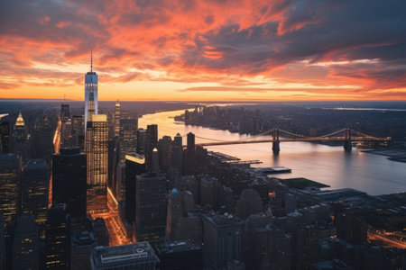 Aerial view of lower Manhattan New York City, New York City skyline at sunset with skyscrapers and river Aerial views of the Downtown Manhattan Skyline, Ai generatedの素材