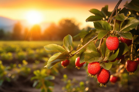 Strawberry field at sunset in the countryside of Thailand Beautiful natural background A branch with natural pomegranates against a blurred background, AI generatedの素材