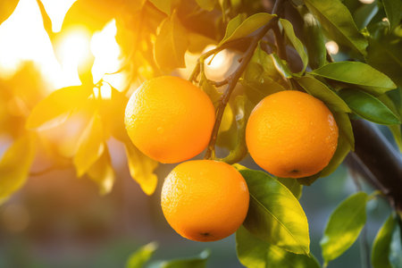 Ripe tangerines on the tree in the garden at sunset A branch with natural oranges against a blurred background of an orange orchard, Ai generatedの素材