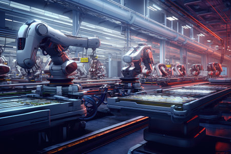 Robot assembly line in a futuristic factory, High-tech industrial factory, modern machinery, robotic automation, mechanical assembly, Ai generatedの素材