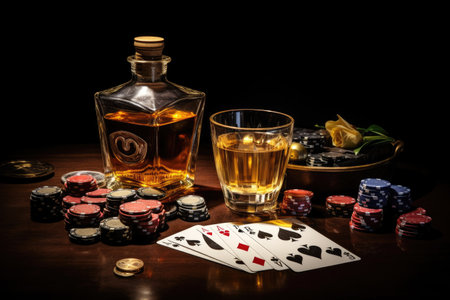 Casino chips decoration ,Casino still life with deck of playing cards, poker chips, bottle of whiskey, glass, Ai generatedの素材