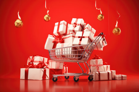 Shopping cart overflowing with wrapped gift boxes with red color background, Ai generatedの素材