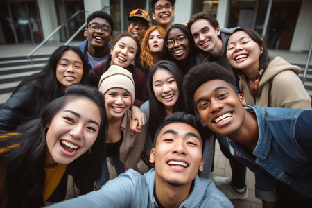 Group of multicultural students gather together, taking a joyful selfie, Ai generatedの素材