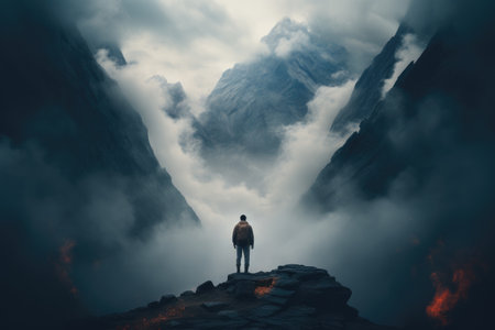 a man standing top of the mountain , AI generatedの素材