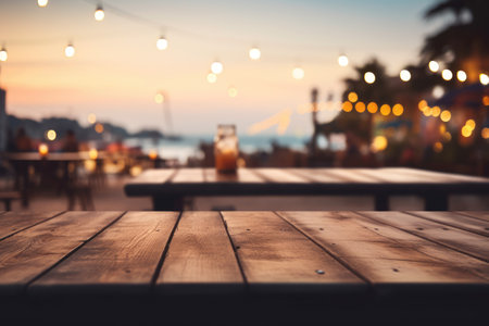 Wooden table top with blurry beach in the backdrop at dusk, empty wooden table with blurry beach bar background, Ai generatedの素材