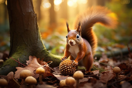 A squirrel gathering acorns for winter, Red squirrel, scours vulgaris, squirrel, mammals, animals, Ai generatedの素材
