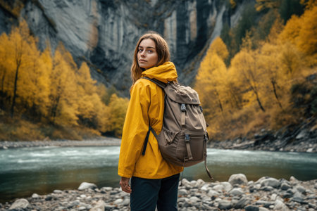 Back view of young woman with backpack standing on the bank of a mountain river in autumn, nature hiker girl walking, Ai generatedの素材