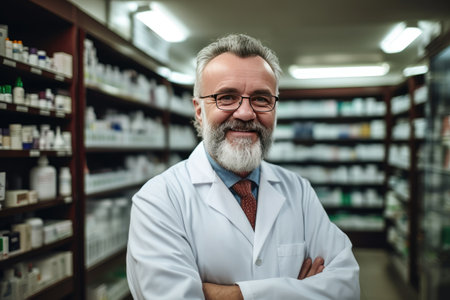 male Caucasian pharmacist stands in medical robe smiling, Portrait of smiling mature male pharmacist standing in pharmacy drugstore,AI generatedの素材