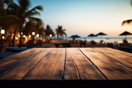 Wooden table top with blurry beach in the backdrop at dusk, Wooden table, twilight and beach landscape with mock up or travel, AI generatedの素材