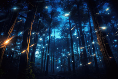 Fireflies illuminating a forest at dusk, A forest full of bright fireflies at night, Ai generatedの素材