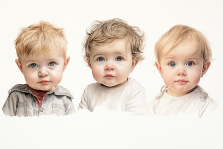 Four baby variation in white background. Group of different multiracial children on white background. Ai generatedの素材