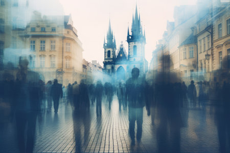 People walking in the street in Prague Czech Republic Double exposure An anonymous crowd of people walking on a city streetの素材