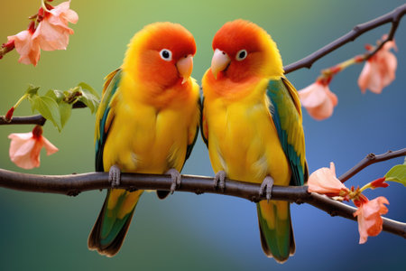 Couple of lovebirds sitting on a branch with flowers in the backgroundの素材