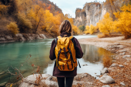 Back view of young woman with backpack standing on the bank of a mountain river in autumn, nature hiker girl walking, Ai generatedの素材