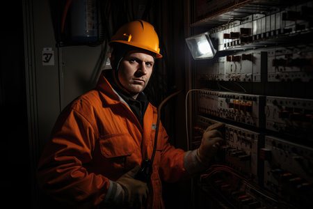 Photo of electrician worker and electric transformer behind, Man worker in a safety clothes performing quality control in production hall, Ai generatedの素材