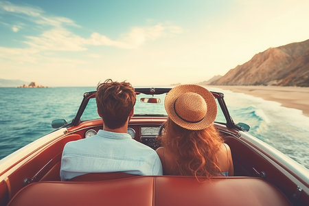 Cute couple in love on holiday vacation, View from the back of the cabriolet car that is driving along the beach. Ai generatedの素材