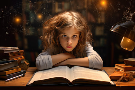Concept of education and a little student girl studying in a table, young girl with a backpack and books immersed in a world of knowledge and adventure, Ai generatedの素材
