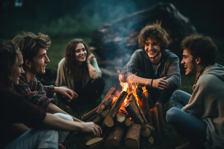 Group of young friends sitting near bonfire at night Camping concept, Young people sitting around a bonfire Ai generatedの素材