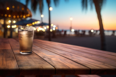 Wooden table top with blurry beach in the backdrop at dusk, empty wooden table with blurry beach bar background, Ai generatedの素材