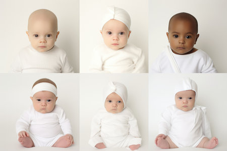 Four baby variation in white background. Group of different multiracial children on white background. Ai generatedの素材