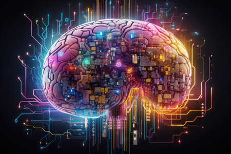 Photo line brain the background is circuit board and abstract dot point connect with gradient line, Vivid representation of a digital brain. Ai generatedの素材