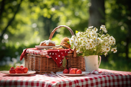 Picnic basket on the tablecloth in summer garden, Summer picnic background. Cute Wicker basket with foods, fruits. the tablecloth on the grass, Ai generatedの素材