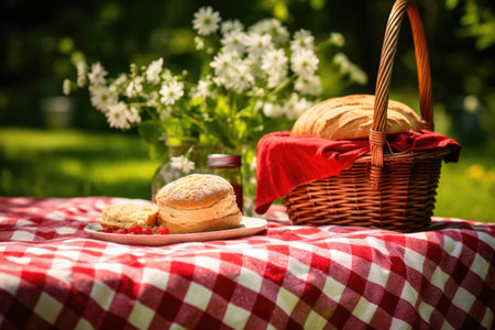 Picnic basket on the tablecloth in summer garden, Summer picnic background. Cute Wicker basket with foods, fruits. the tablecloth on the grass, Ai generatedの素材