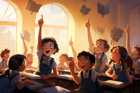 Colorful classroom filled with students raise their hands to answer in the classroom. Back To School concept. Ai generatedの素材