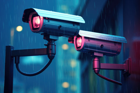 CCTV bullet cameras and CCTV surveillance cameras in Modern Office Buildings. Ai generatedの素材