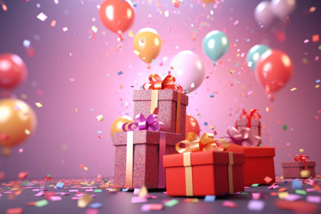 Colorful balloons background 3D Rendering, Celebratory background with color balloons, confetti, sparkles, lights, AI Generatedの素材