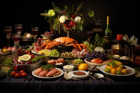 Dinner table decoration with verities food , Delicious holiday food on dinner table AI generatedの素材